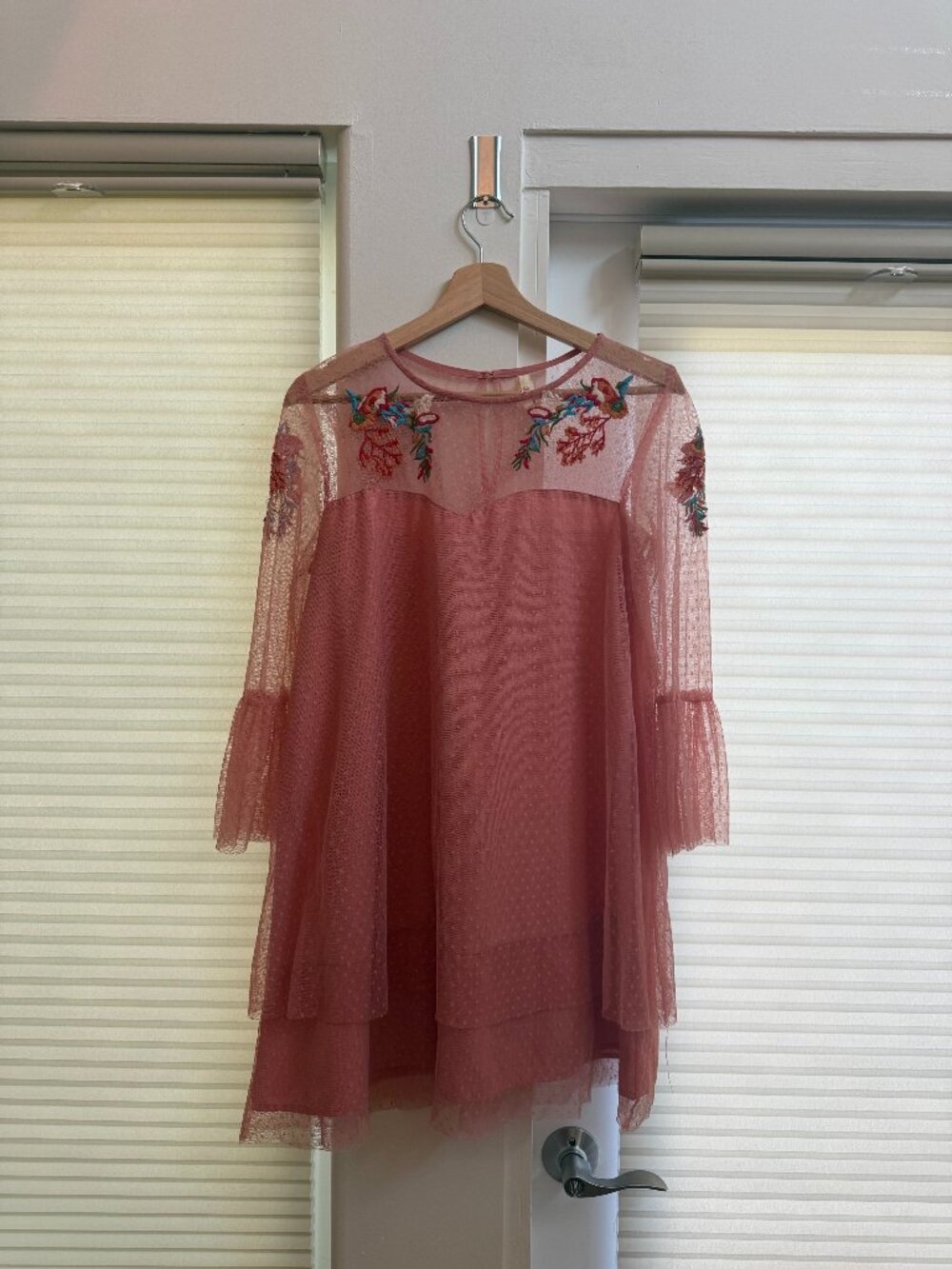 Dusty Rose Floral Embroidered Midi Dress – Size S